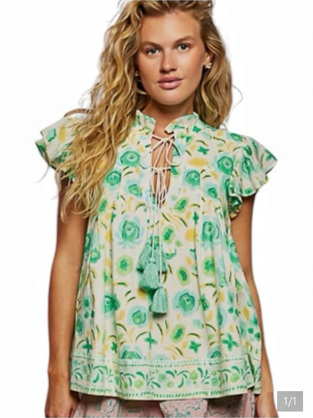 POL NWT Floral Hand Block Printed Top in Green, White & Yellow size Large